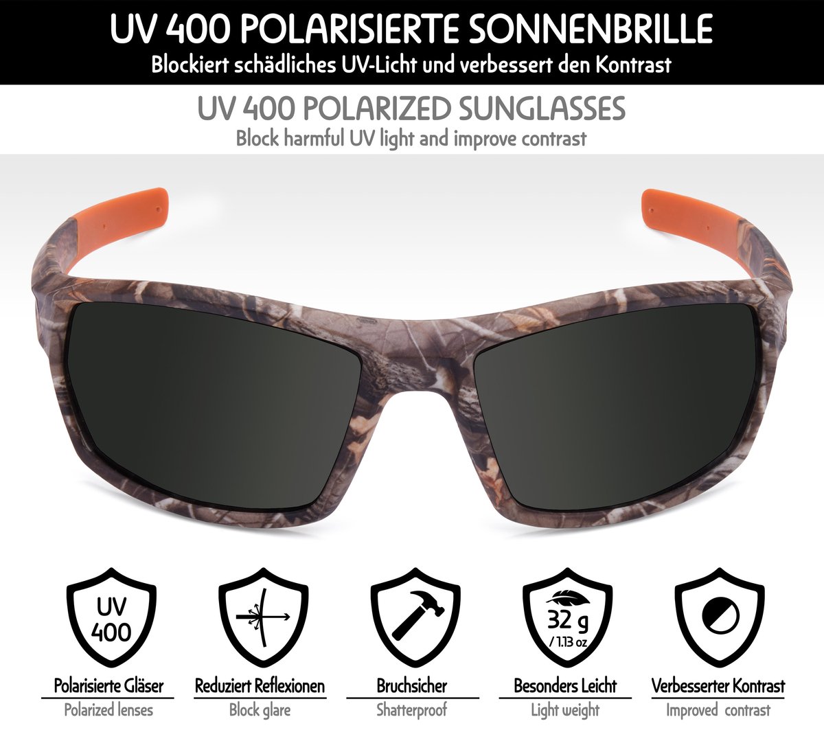 BRUBAKER | Zonnebril | Gepolariseerd | Camouflagemotief | Inclusief Beschermhoes | Donker