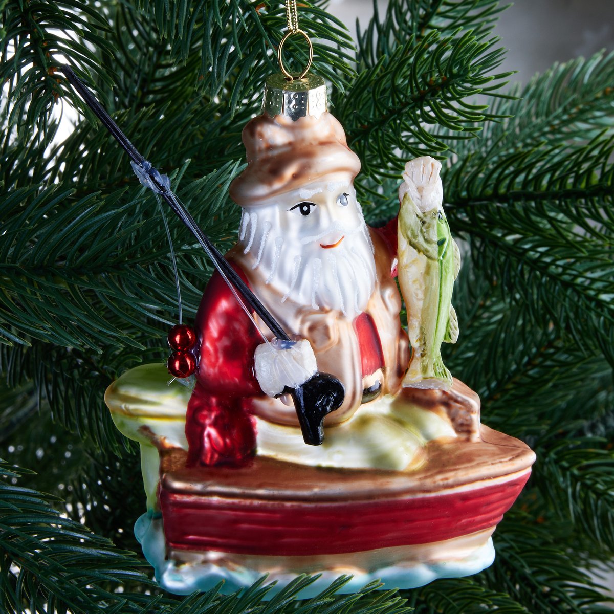 Glazen Kerstbal Kerstman met Hengel