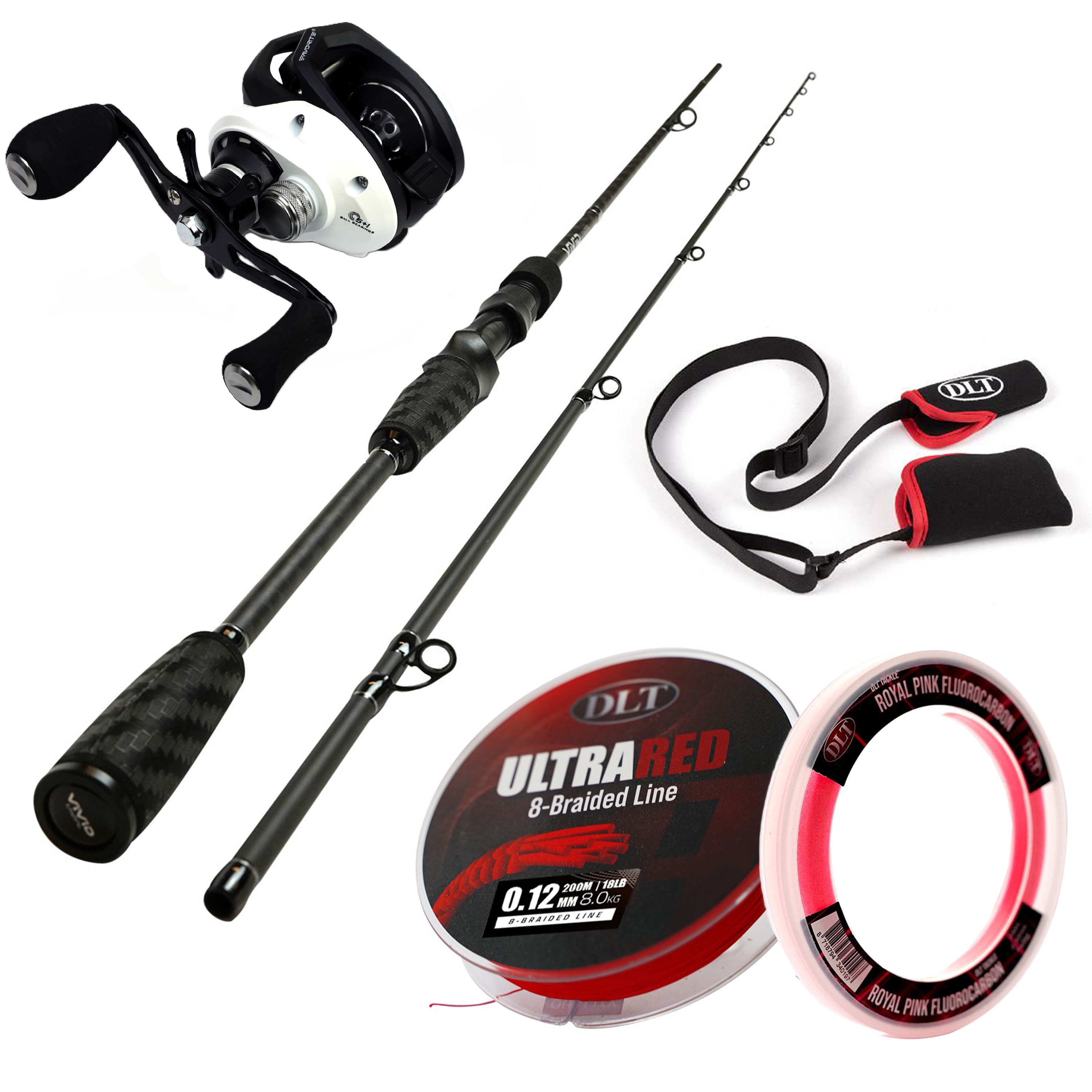 DLT Vivid Baitcaster Hengelset. Complete Set met Hengel. Reel. Gevlochten Lijn. Fluorocarbon & Hoes