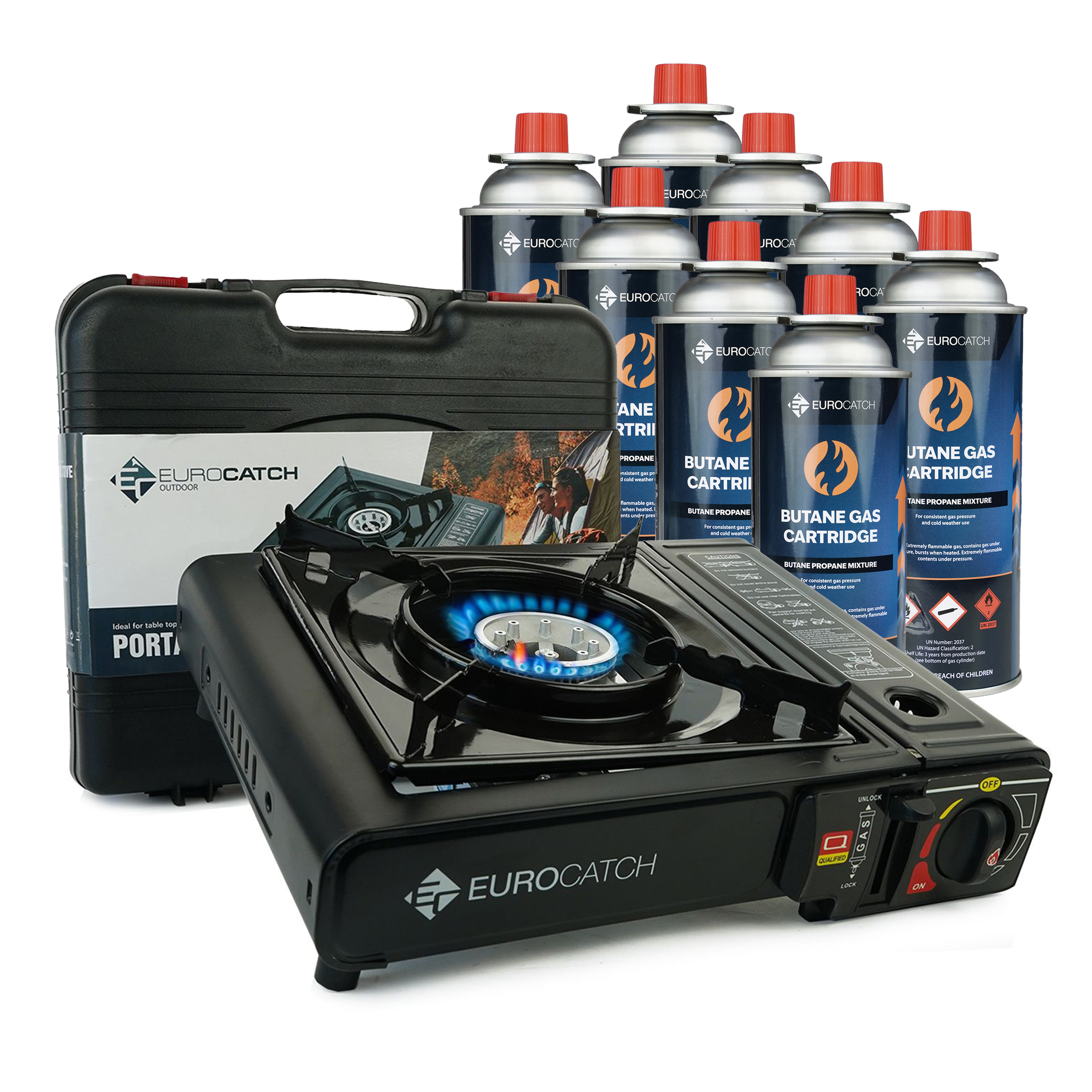 Eurocatch Outdoor - Kooktoestel op Gas - incl 8 Gasbussen -Gas Stove - Camping Kooktoestel - Gaspit - Gasfornuis - Gasstel - Cooker - Draagkoffer
