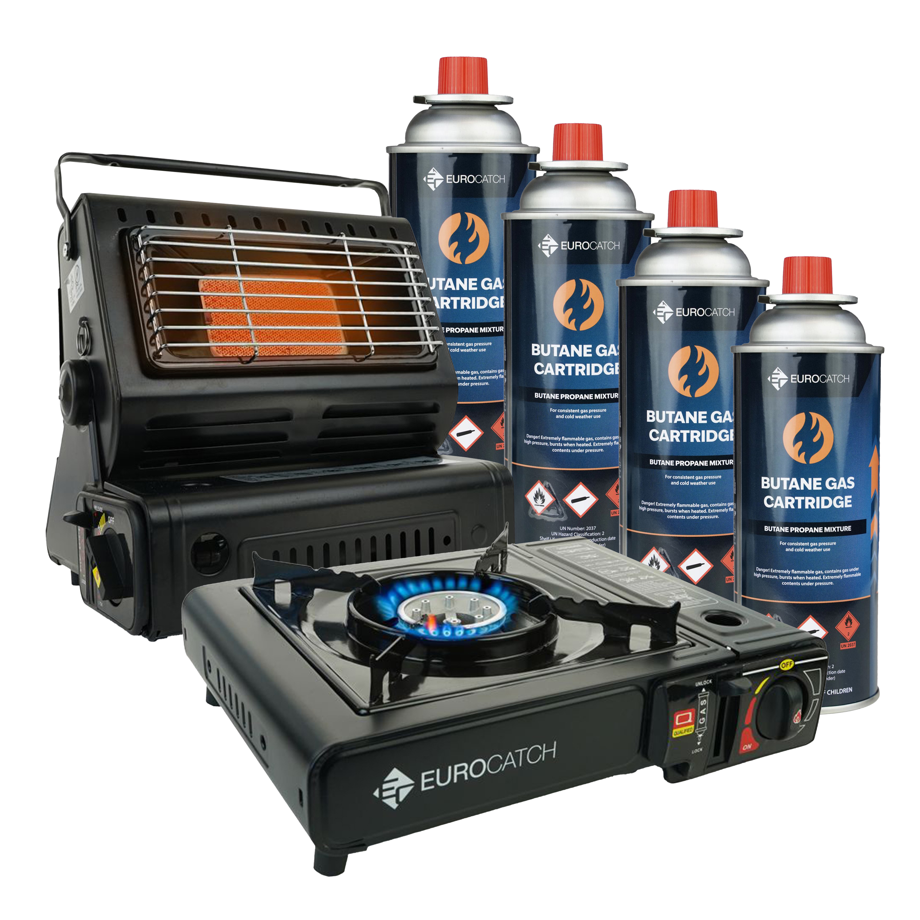 Eurocatch Réchaud et cuisinière à gaz - Ensemble de camping - 4 bonbonnes de gaz butane - Réchaud à gaz - Brûleur à gaz - Cuisinière - Chauffage