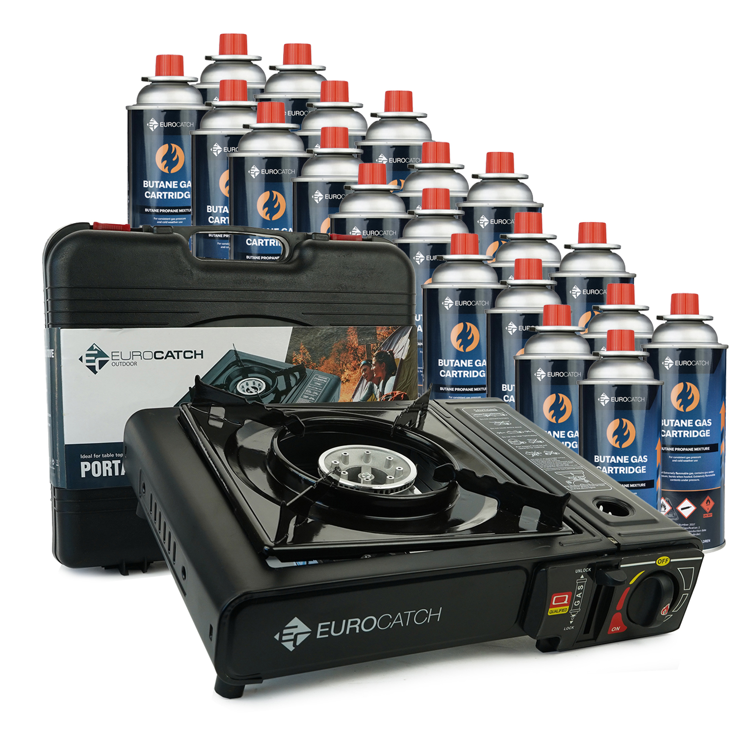 Eurocatch Outdoor - Kooktoestel op Gas - incl 20 Gasbussen -Gas Stove - Camping Kooktoestel - Gaspit - Gasfornuis - Gasstel - Cooker - Draagkoffer