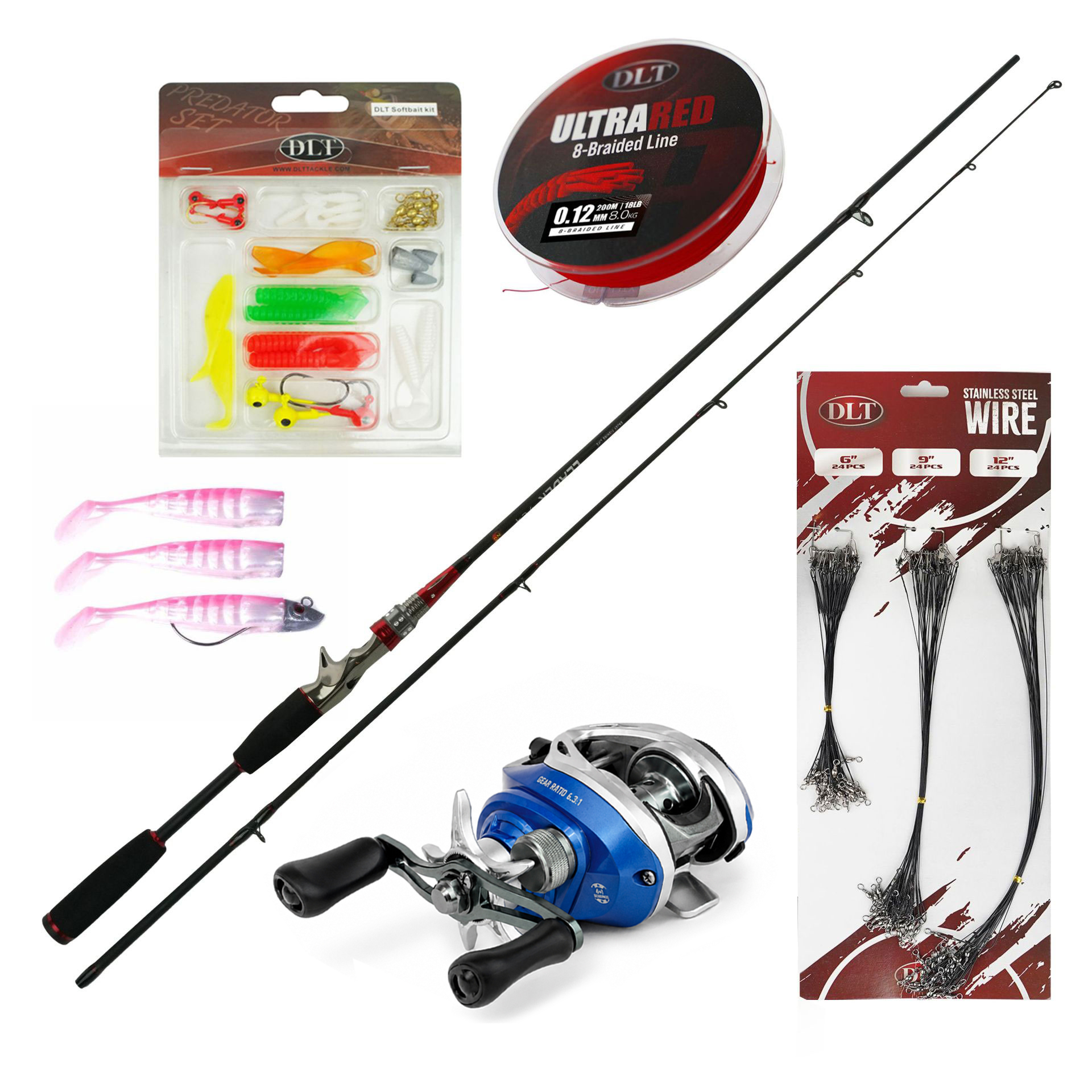 Eurocatch Baitcaster set Deluxe - Baitcasterhengel & Baitcasterreel - Gevlochten lijn - Sofbait kit - Staaldraadjes