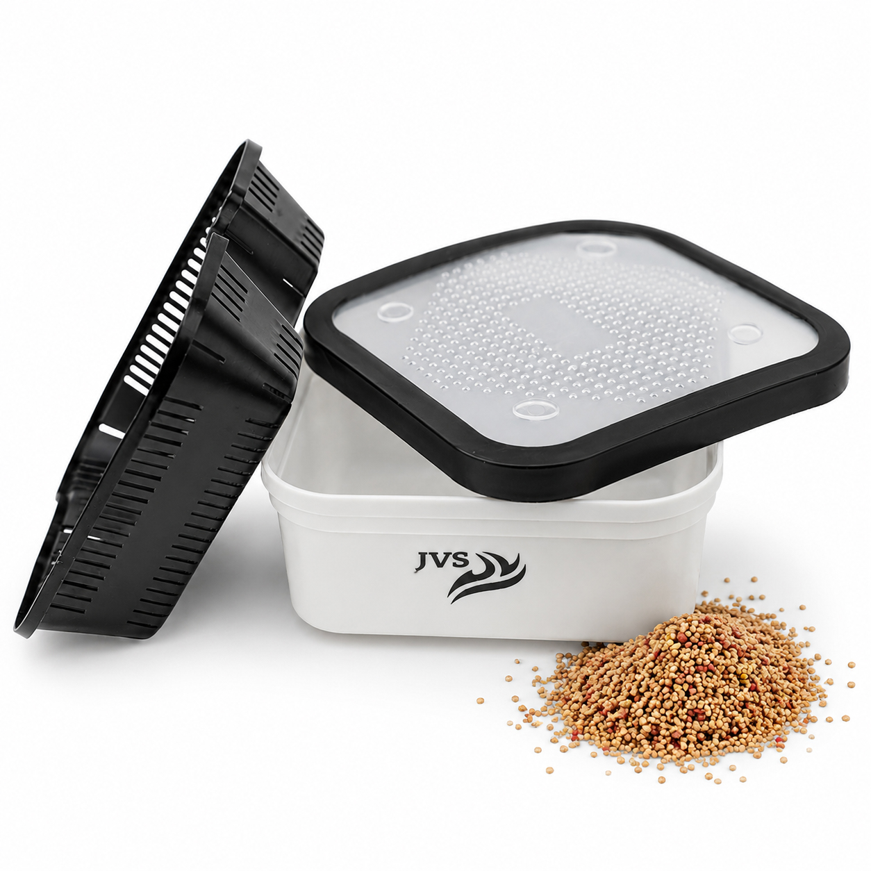 Boîte à asticots JVS avec joint en caoutchouc – tamis à pellets inclus – basse
