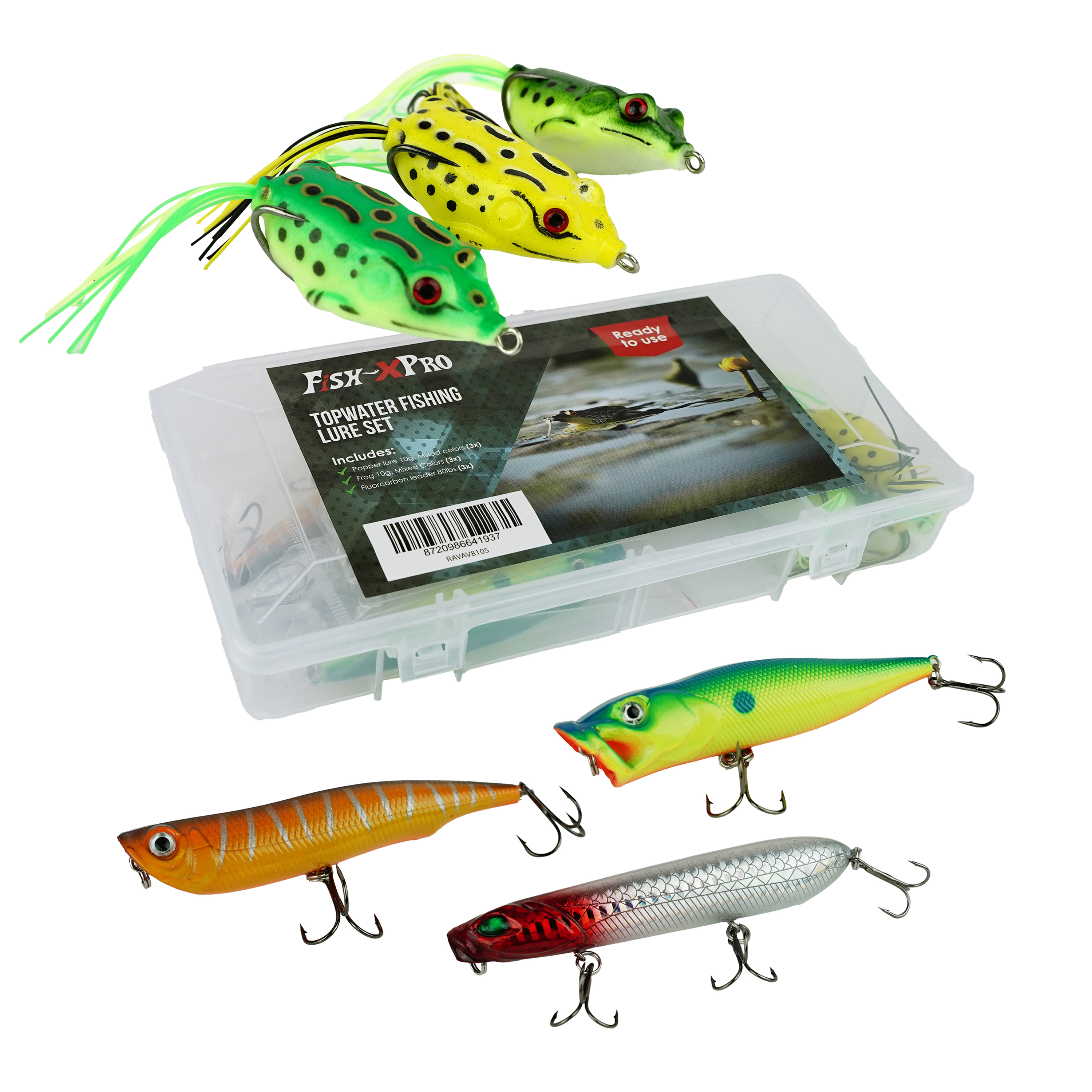 FishXpro Topwater fishing lure set - Poppers & Frogs - 6 Stuks