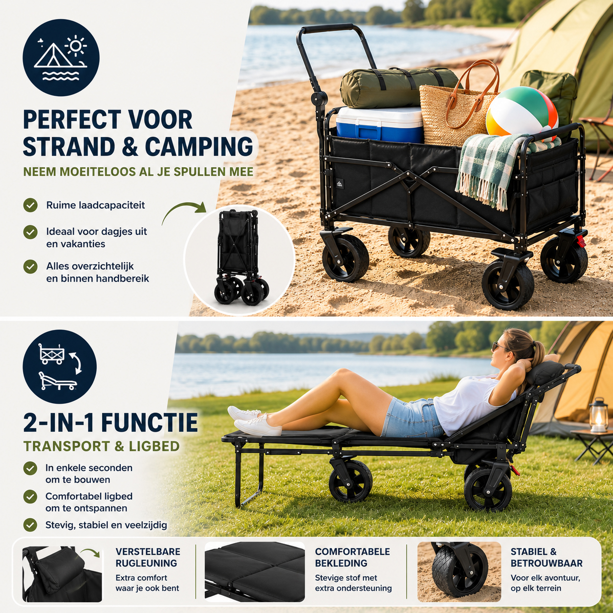 Eurocatch Folding wagon - Bedchair 400lbs - 85x53x74cm - Black