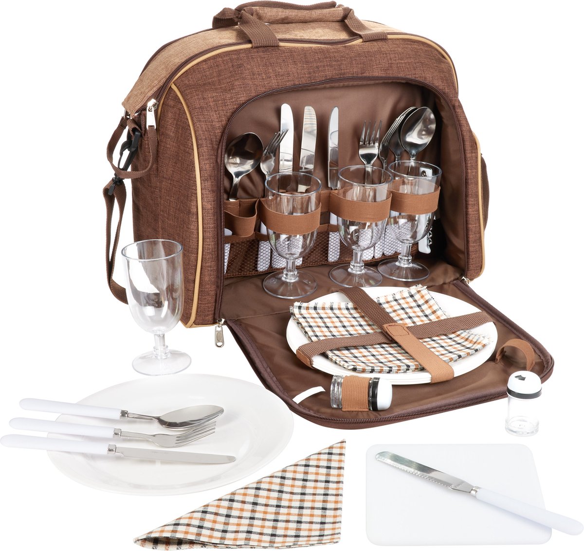 BRUBAKER | Picknicktasche | 4 Personen mit Kühlfach, tragbar als Duffeltasche oder Schultertasche | Braun | 38 × 30 x 21,5 cm | 30 Teile