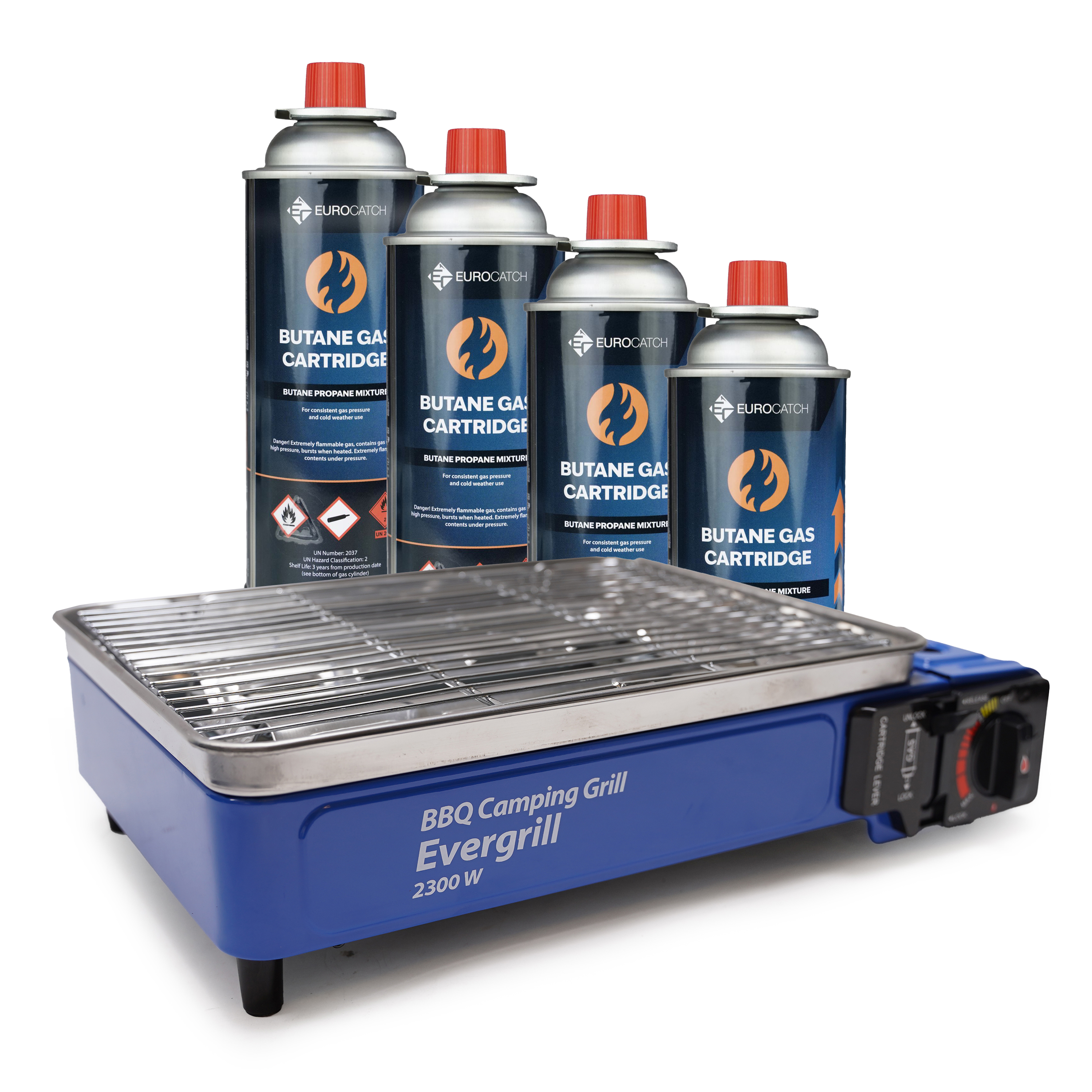 Eurocatch Butaangas Camping Grill Evergrill - Gas Barbecue - Camping Kooktoestel - Tafelgrill - Tafelbarbecue - Incl. 4 Gasbussen