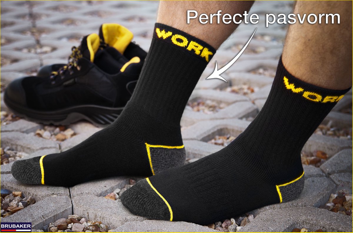 BRUBAKER - Werksokken - 10 Paar - Katoen - Zwart Geel - Maat 47-50