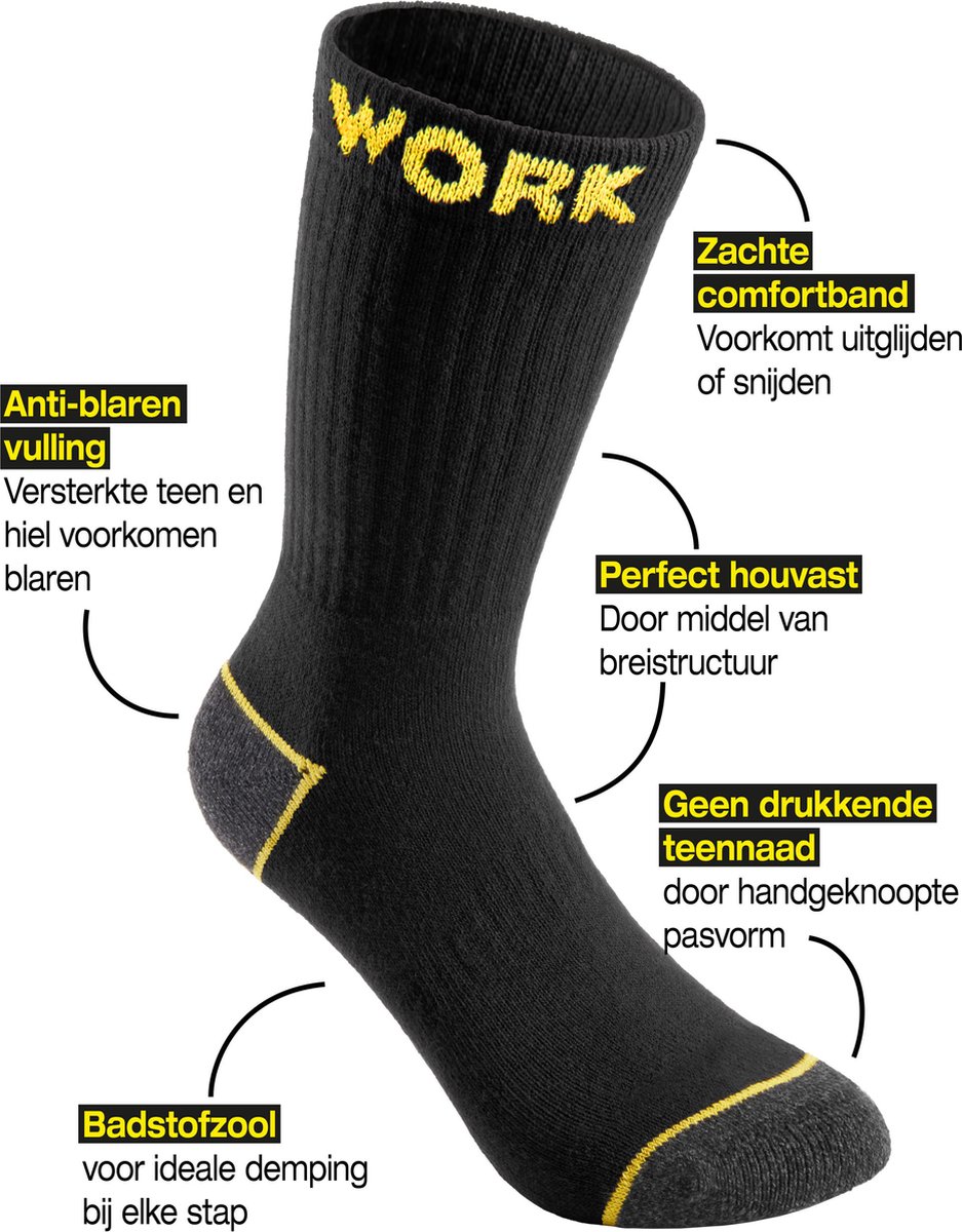 BRUBAKER - Werksokken - 10 Paar - Katoen - Zwart Geel - Maat 47-50